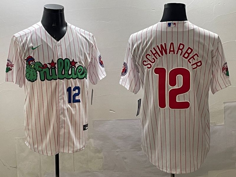 Men Philadelphia Phillies #12 Schwarber White Stripe Three generations Joint Name Game 2025 Nike MLB Jersey style 2->philadelphia phillies->MLB Jersey